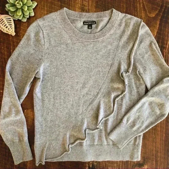 J. Crew | Mercantile - Gray Wool Blend Crewneck Sweater w/Diagonal Ruffle - Picture 2 of 6